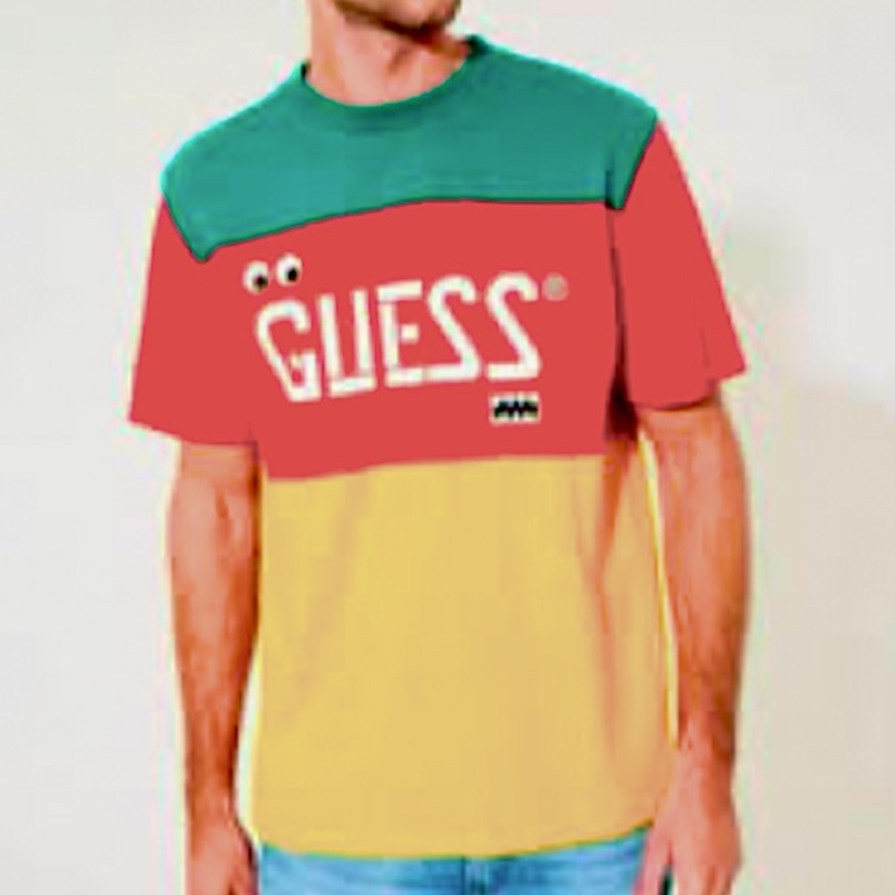 Guess J Balvin Retro Colorblock Distressed Red Green Gold Yellow Mens T Shirt L - Picture 1 of 8
